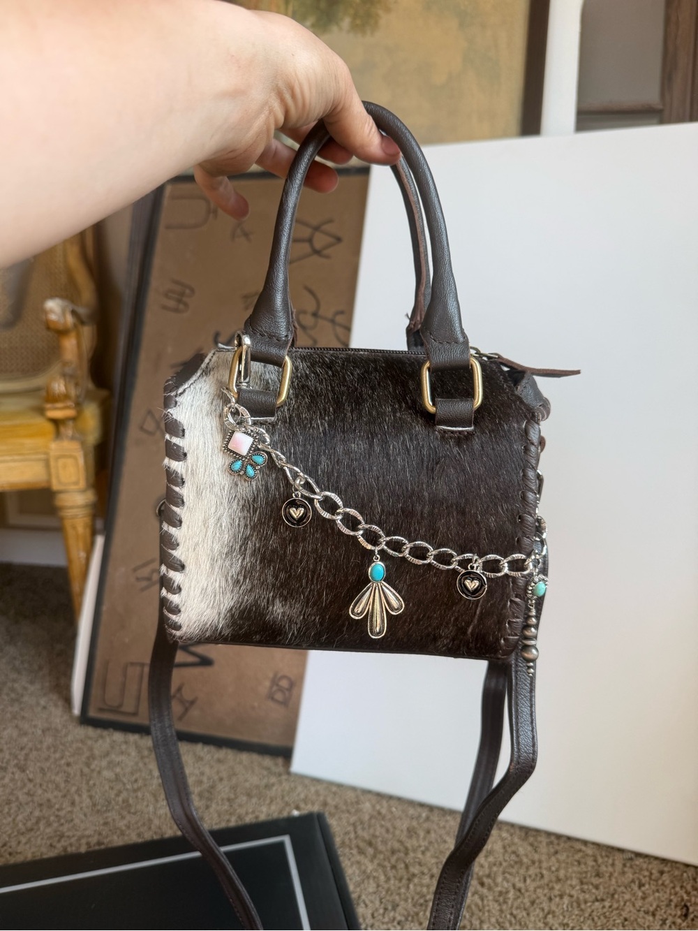 Women’s Brown Haircalf Crossbody Bag with Turquoise Charm